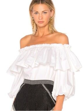 ⁠Alexis White Off The Shoulder Ruffle Poplin Blouse Top XS Cotton Balloon Sleeve